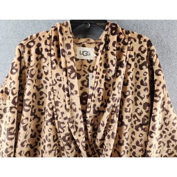 UGG Miranda Double Face Fleece Hooded Robe Women's M Live Oak Leopard Pockets - Picture 4 of 15